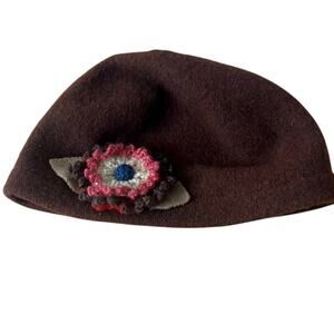 Toucan Wool Beanie Cap brown Felted Wool,  Pink Crochet Flower Boho Cottagecore